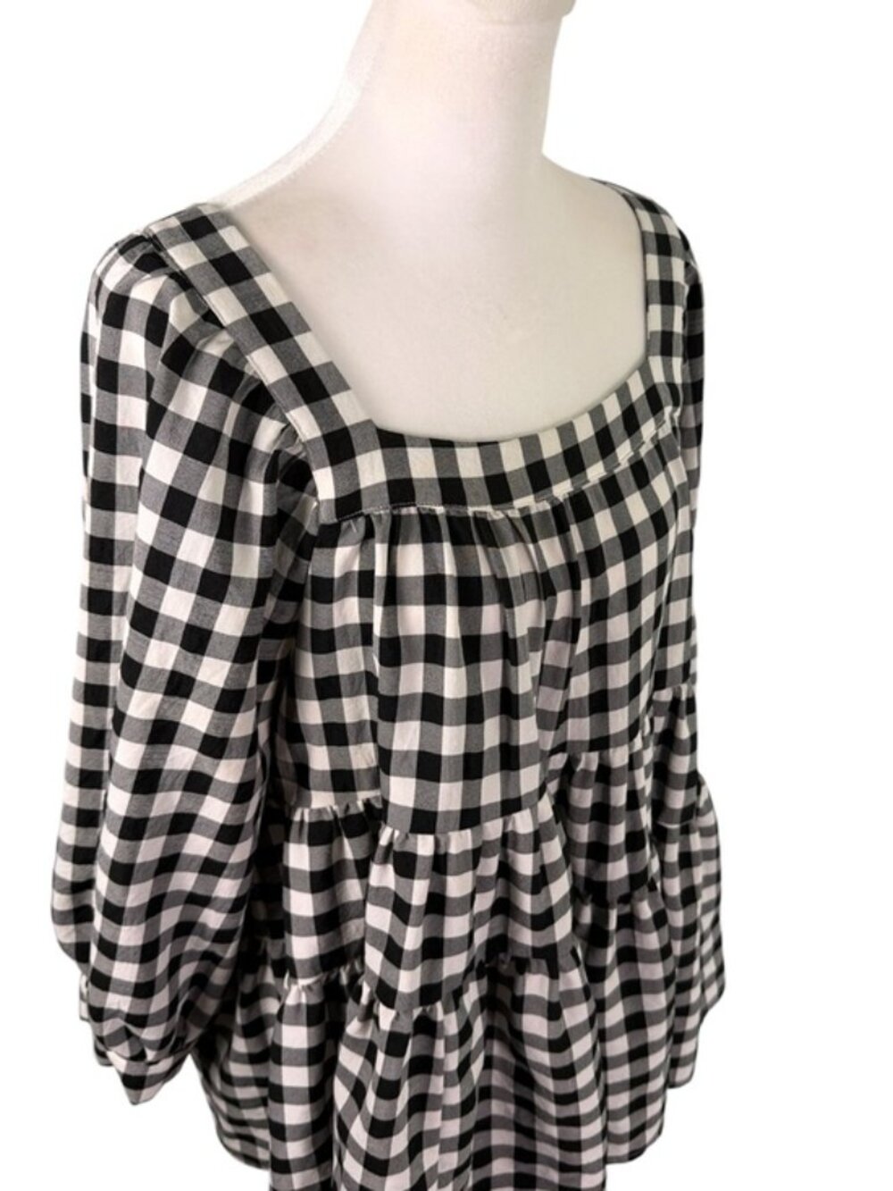 Entro Black White Gingham Tiered Babydoll Tunic Blouse Medium - Picture 7 of 10